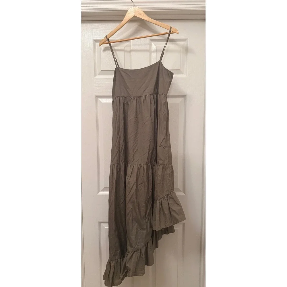 FRAME Tiered Maxi Dress Women Small Olive Green Asymmetrical Ruffle Poplin